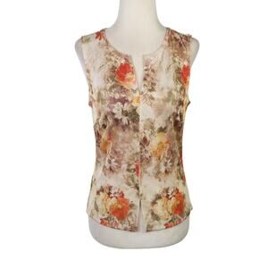Vintage 90s Jazz Sport Cream Brown Orange Floral Split Front Tank Top M